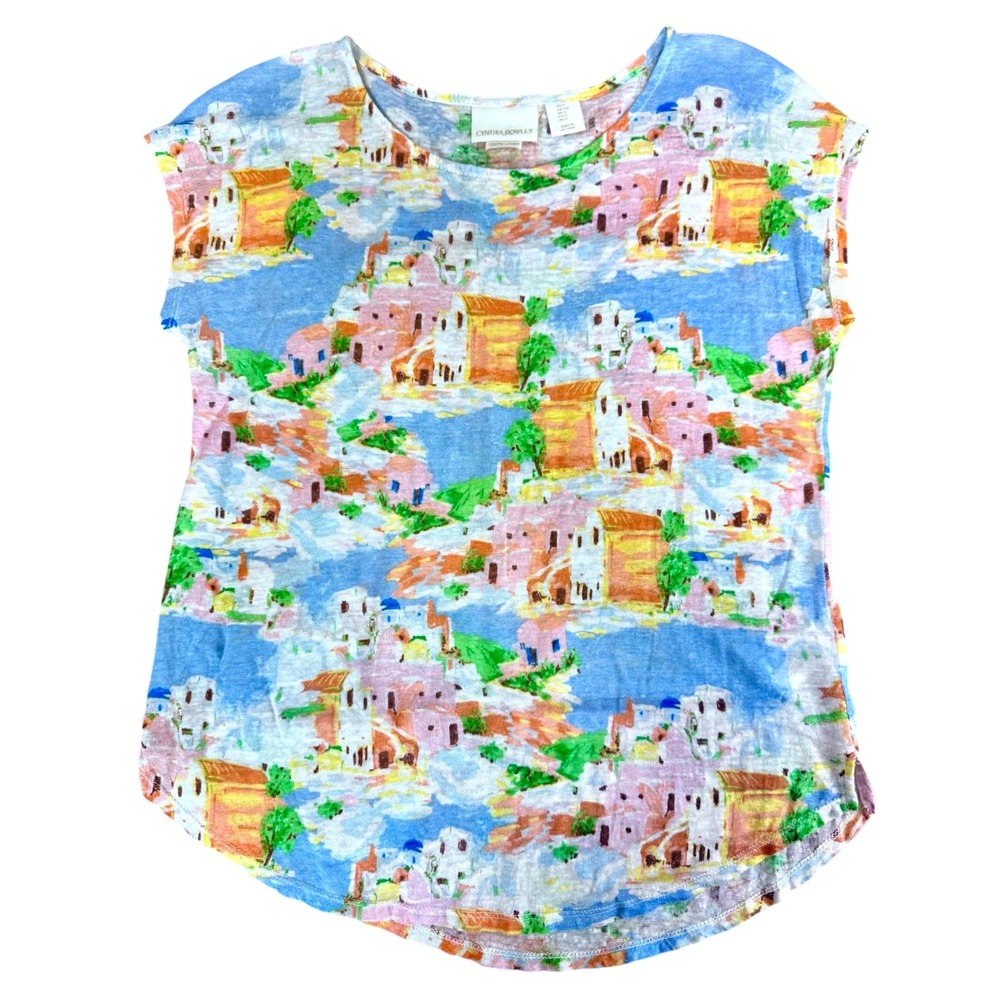 Cynthia Rowley 100% Linen Sleeveless Top Town Print Colorful Womens‎ Small S